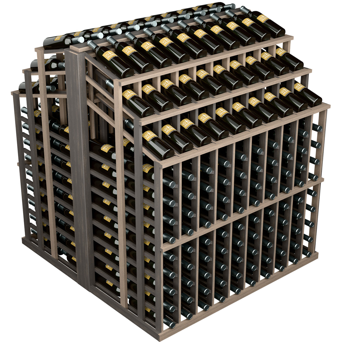 Wine bottle display rack with dark frame and clear-view bottle slots