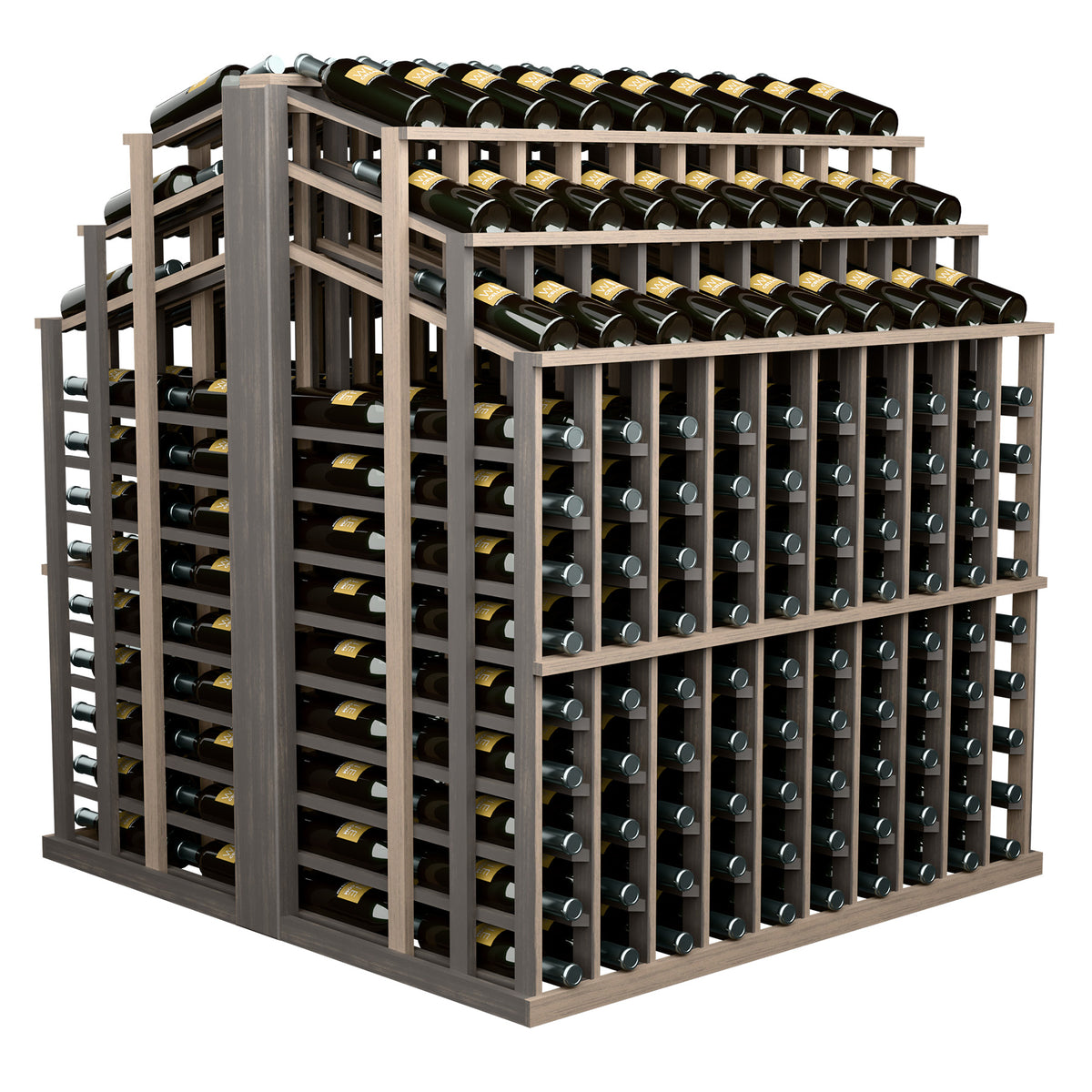 Dark brown wood wine bottle display rack with bottle holders and top tier of bottles