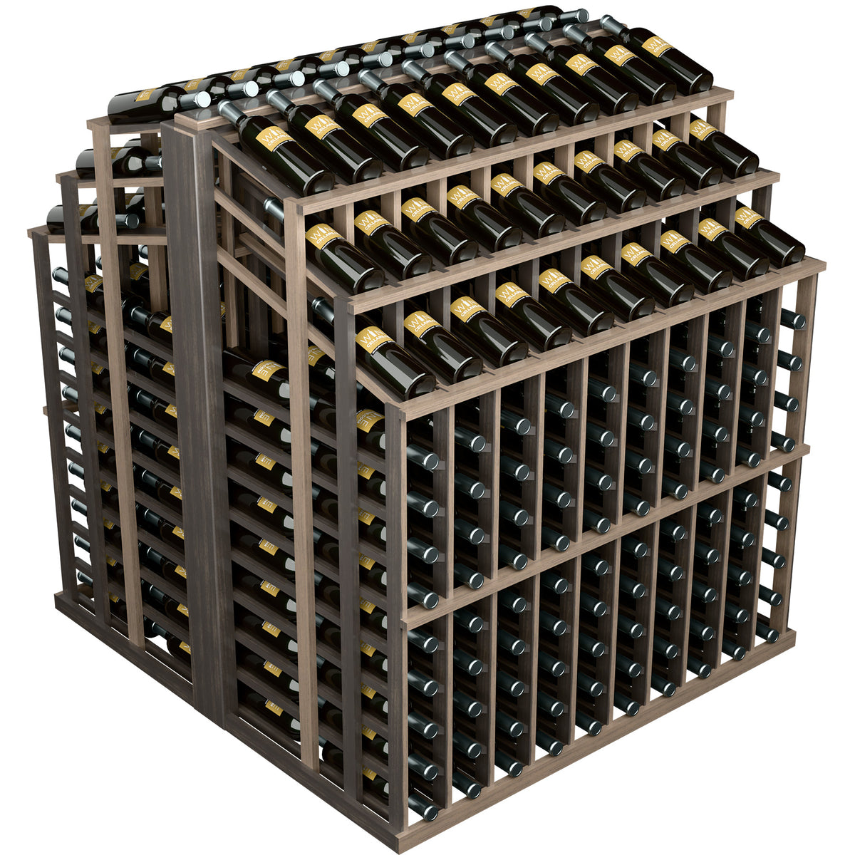 Wine bottle display rack with dark wood frame, holding bottles in multi-tier slots
