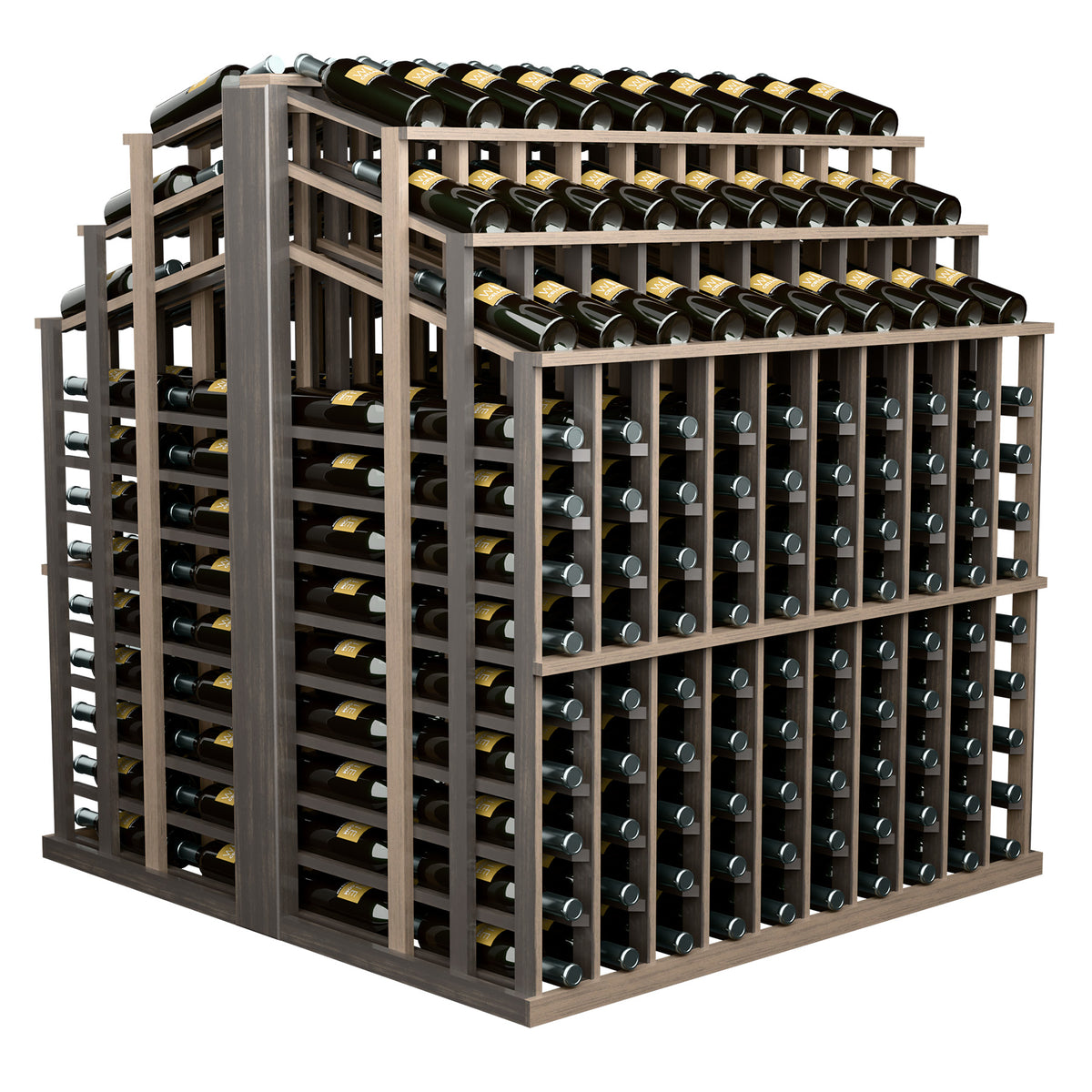 Wine bottle display rack with gray wood frame, multi-tier row slots for bottles