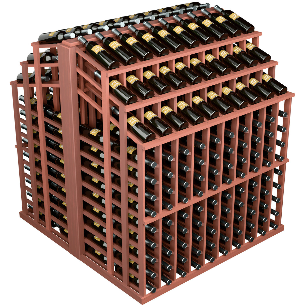 Wine bottle display rack with reddish wood frame and dark bottles in front-facing rows