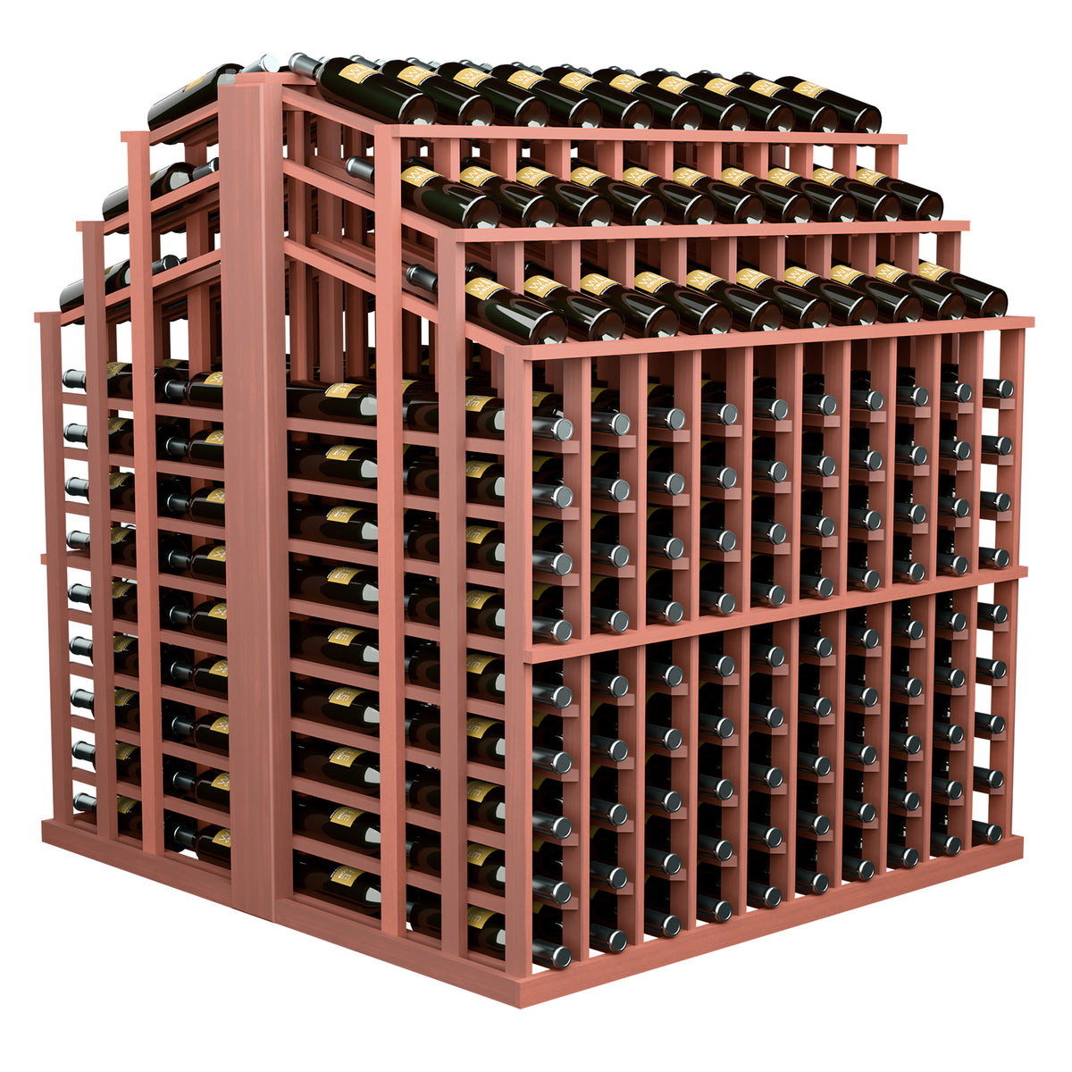 Wine bottle aisle display rack with warm reddish wood frame and rows of green bottles