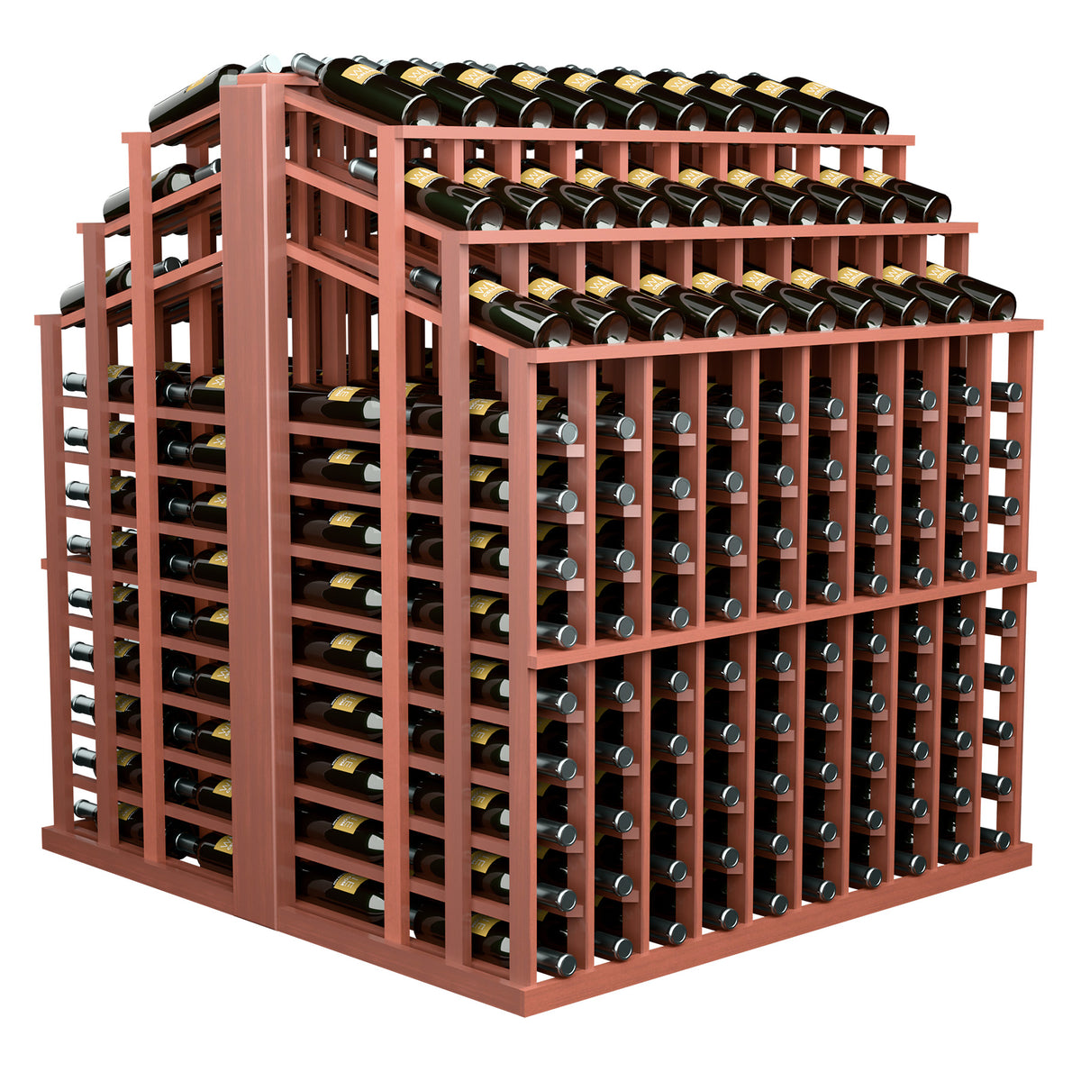 Wine bottle display rack with reddish wood frame and stacked bottle shelves
