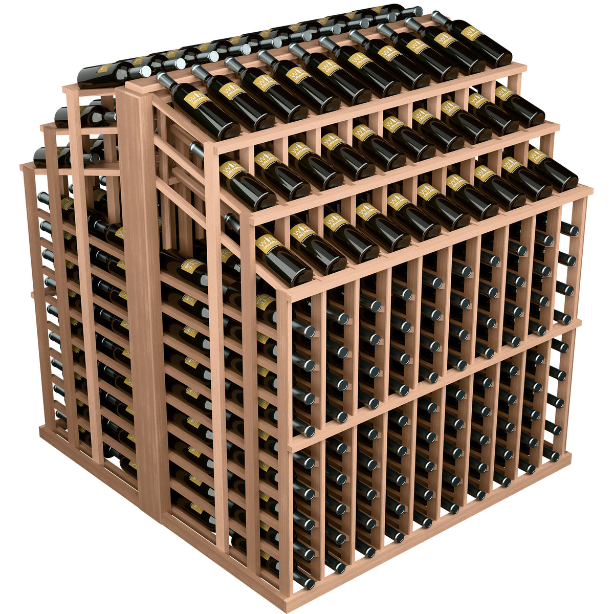 Brown wood wine bottle display rack with 3 tiers and side bottle rows
