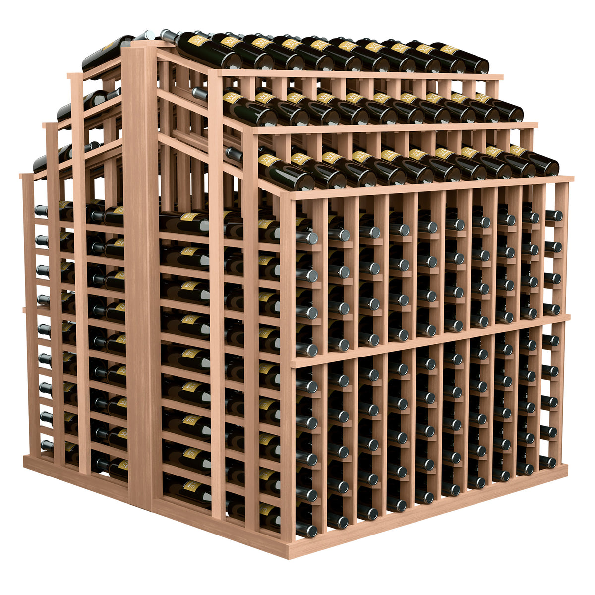 Wine bottle aisle display rack with light brown wood frame and rows of green bottles