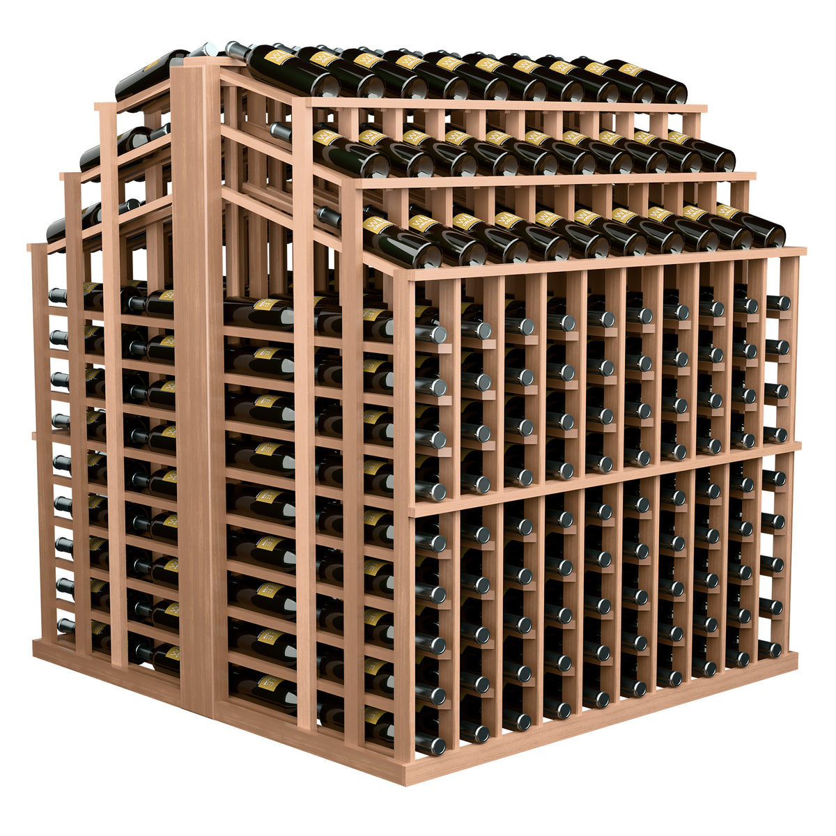 Wine bottle display rack with pale wood frame, multi-tier slots with wine bottles