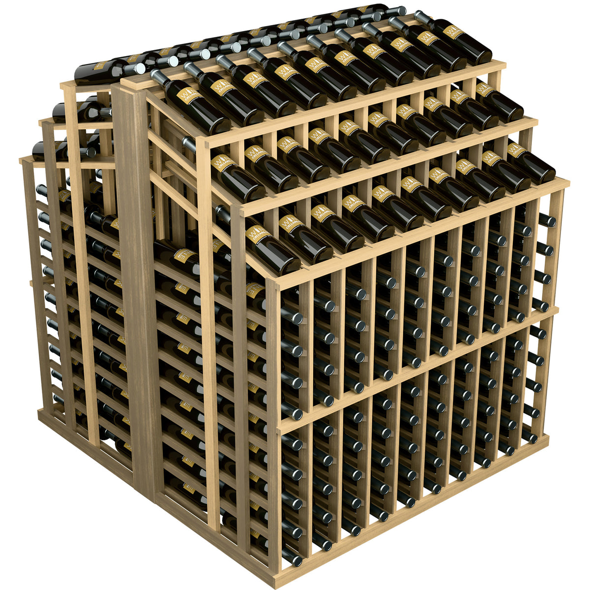 Beige wood wine bottle display rack with black bottles arranged in rows