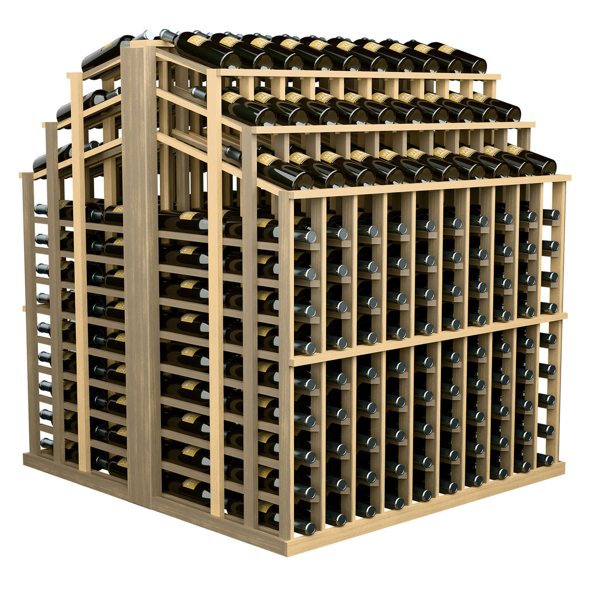Light wood wine bottle display rack showing right side cubbies and top bottle row