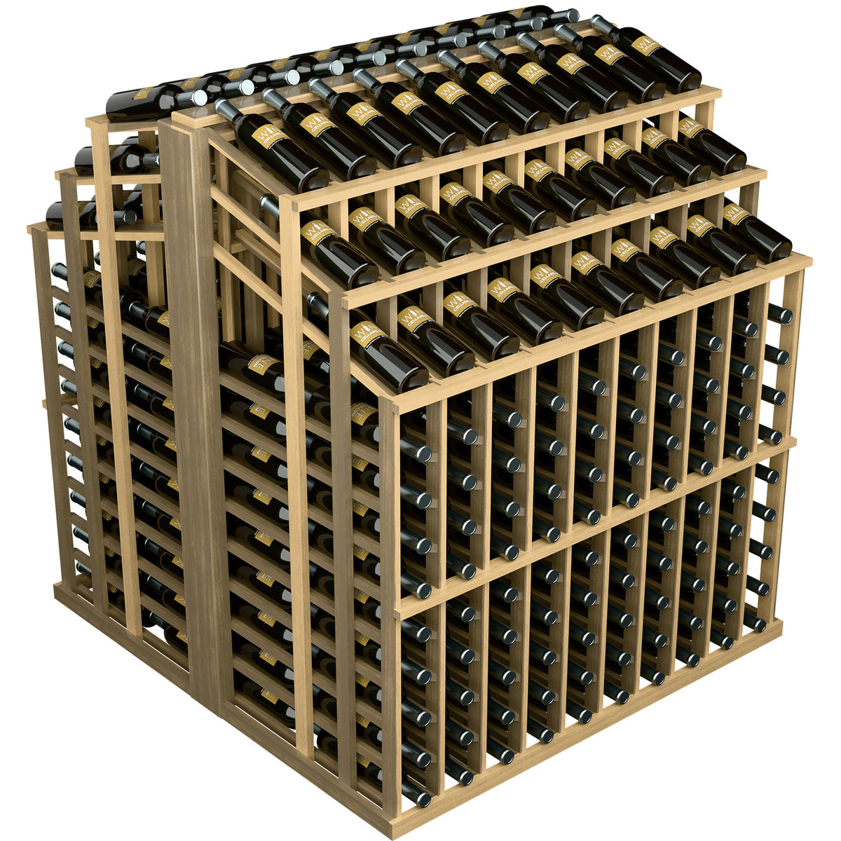 Wine bottle display rack with beige wood frame, stacked bottle slots in an aisle unit
