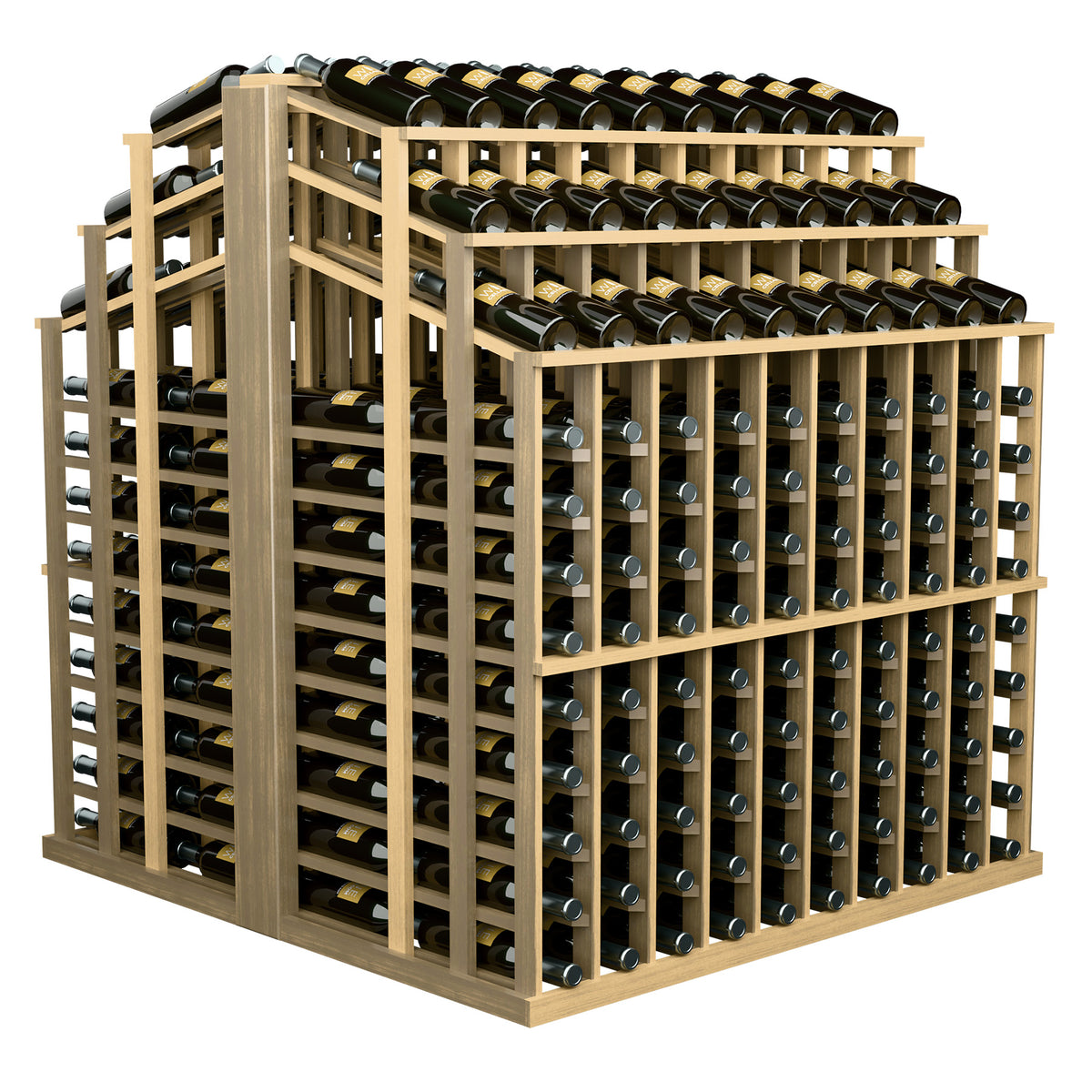 Wine bottle display rack with light wood frame and multi-tier bottle rows