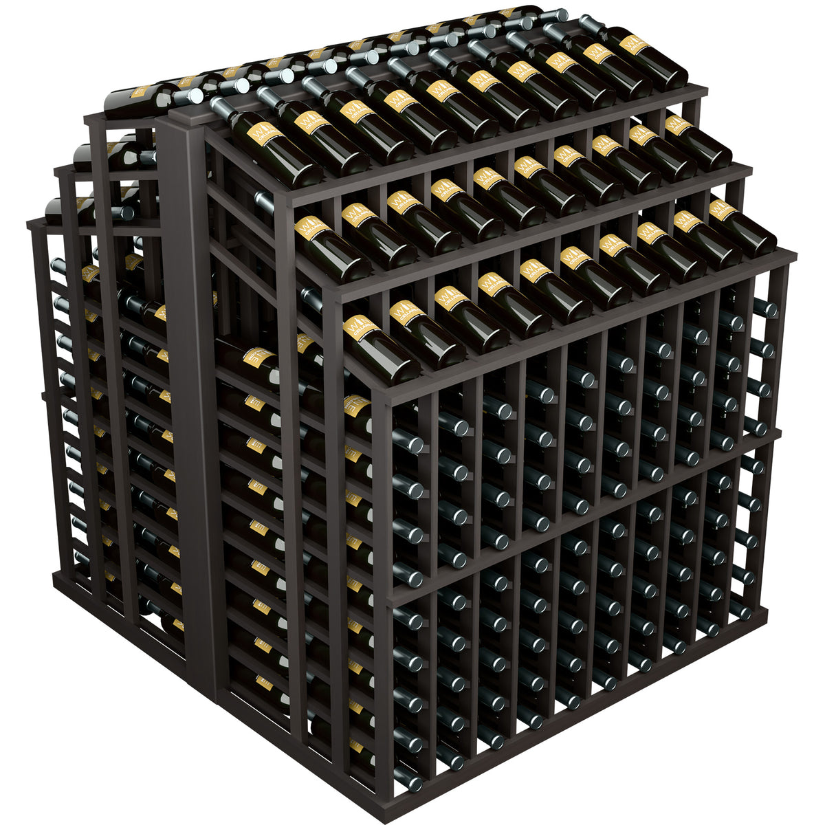 Wine bottle display rack with dark frame, top and side bottle rows in a grid