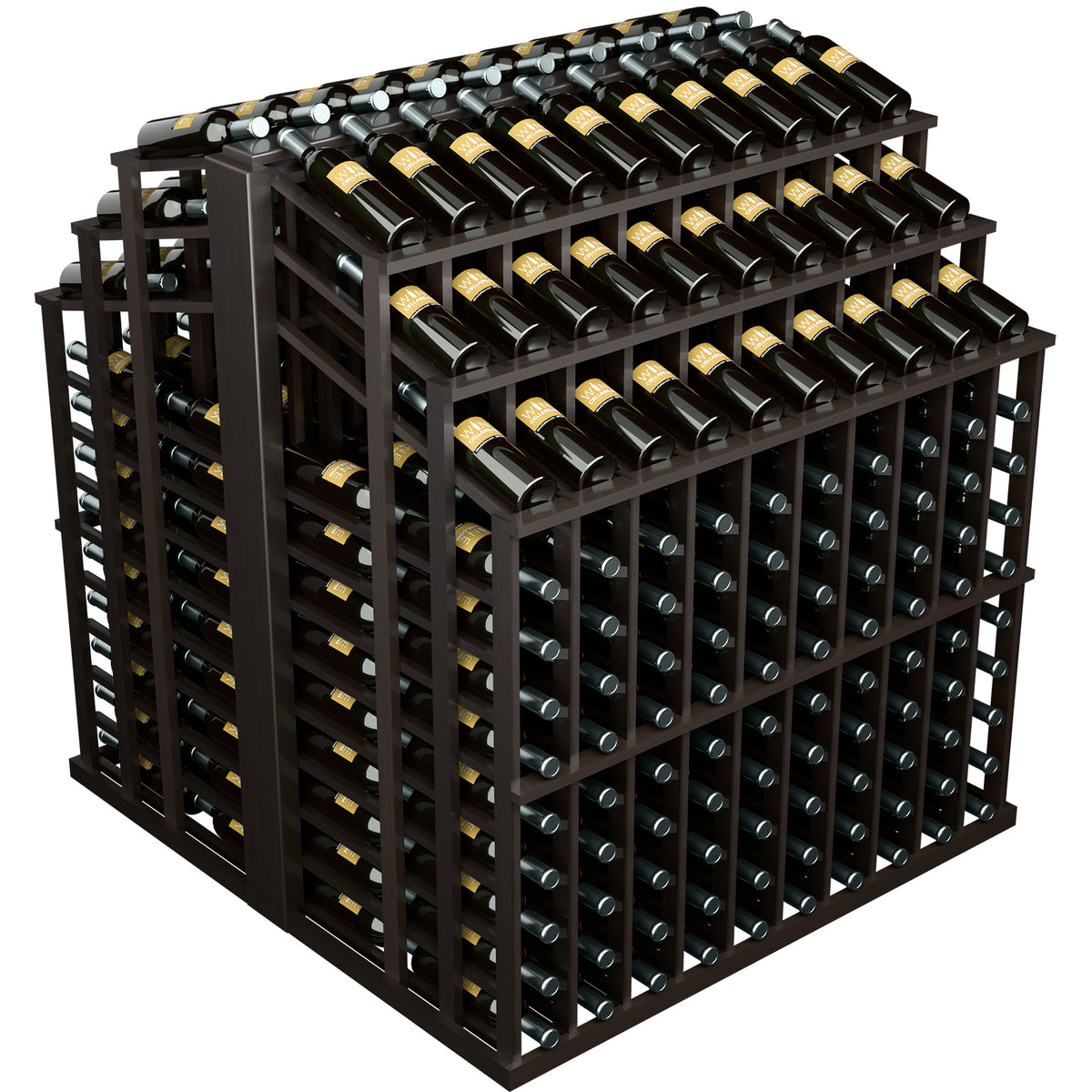 Wine bottle display rack with dark wood frame and multi-tier slots for wine bottles
