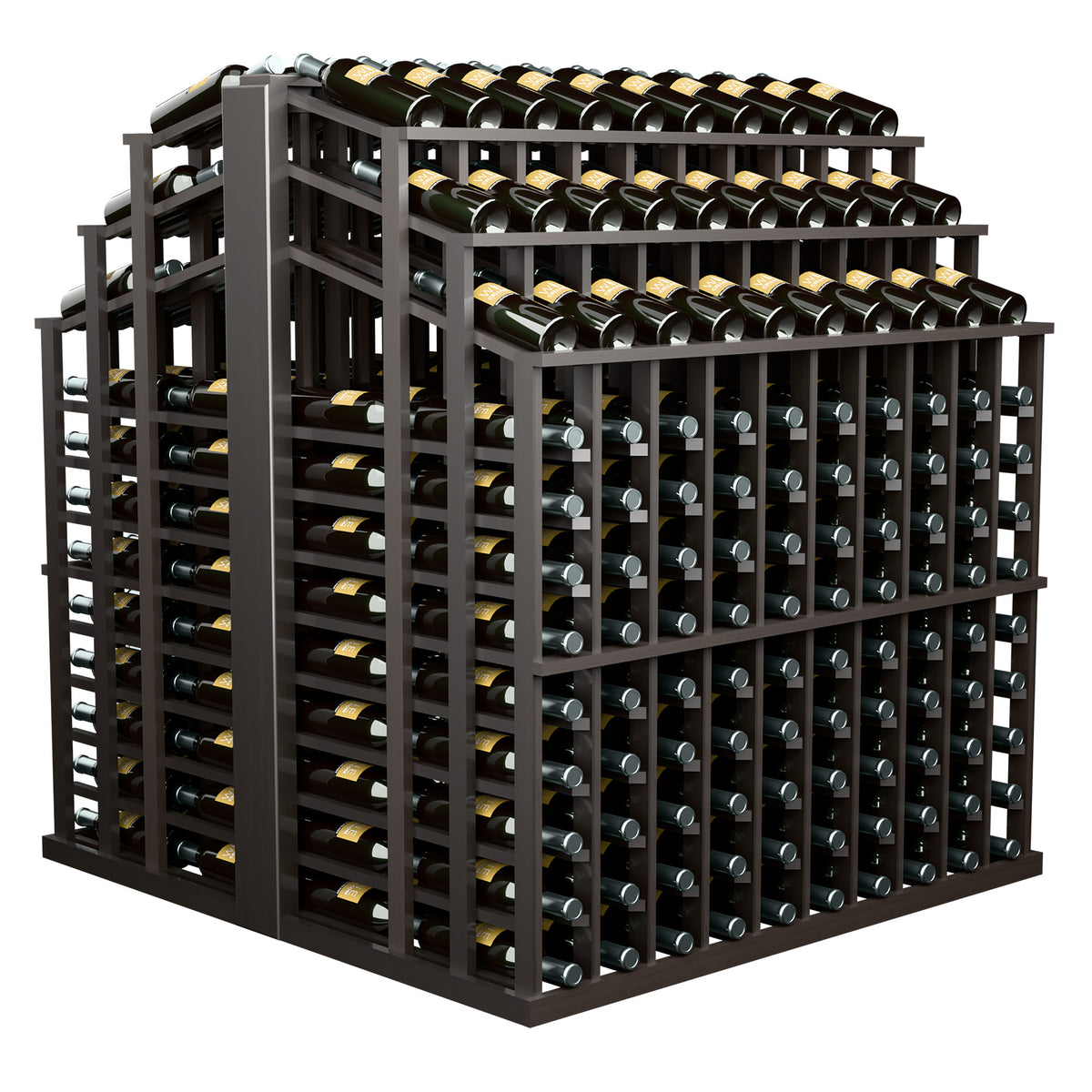 Wine bottle display rack with dark wood frame, bottle racks in stacked side rows