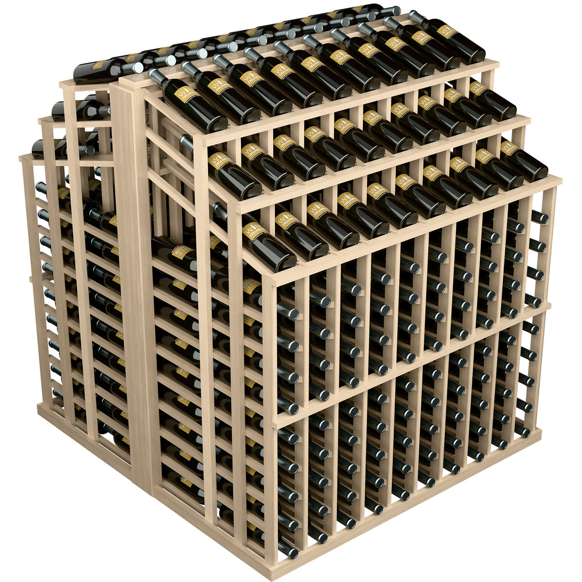 Light wood wine bottle display rack with 3 rows of black bottles in cubby slots
