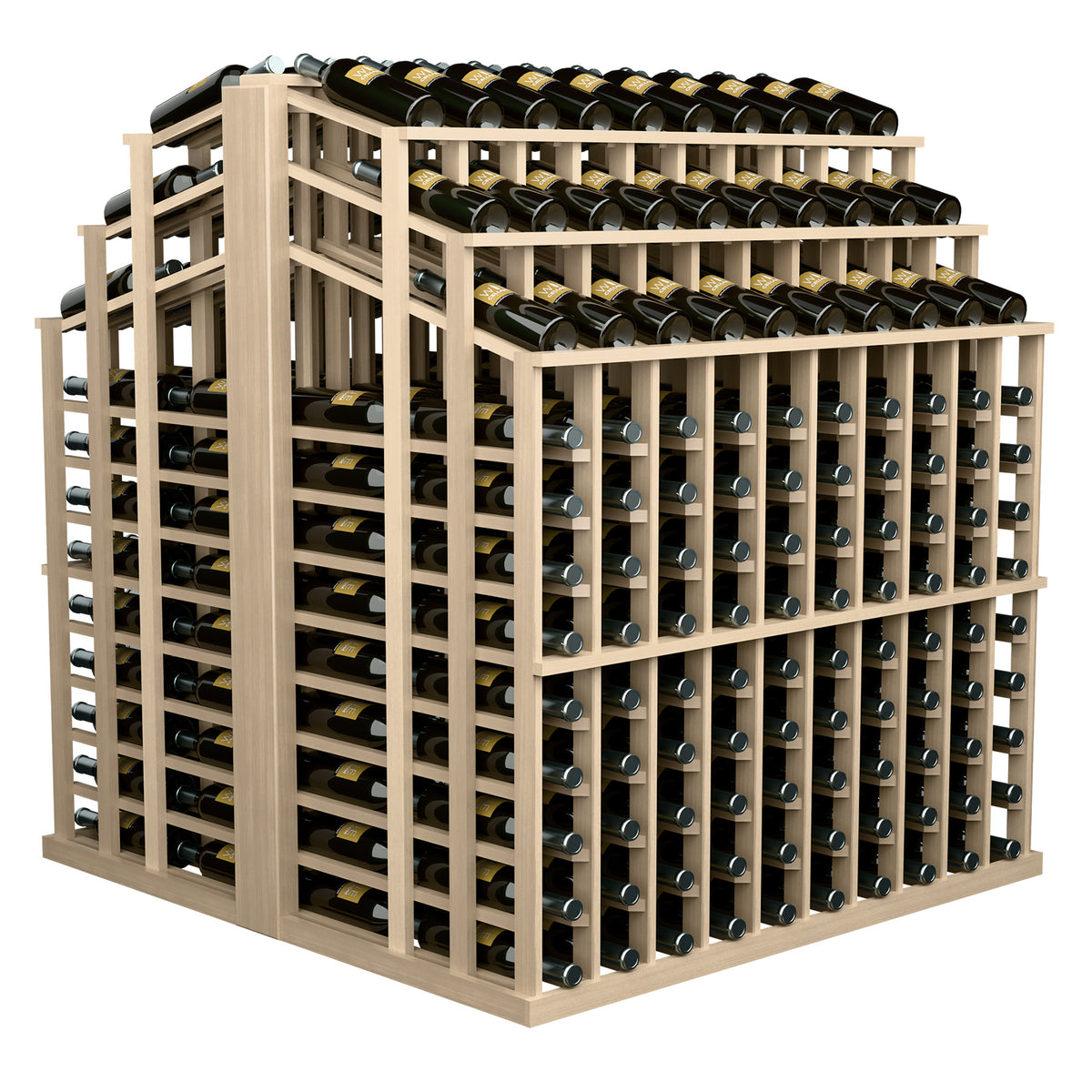 Natural wood wine bottle display rack with black bottles in grid rows