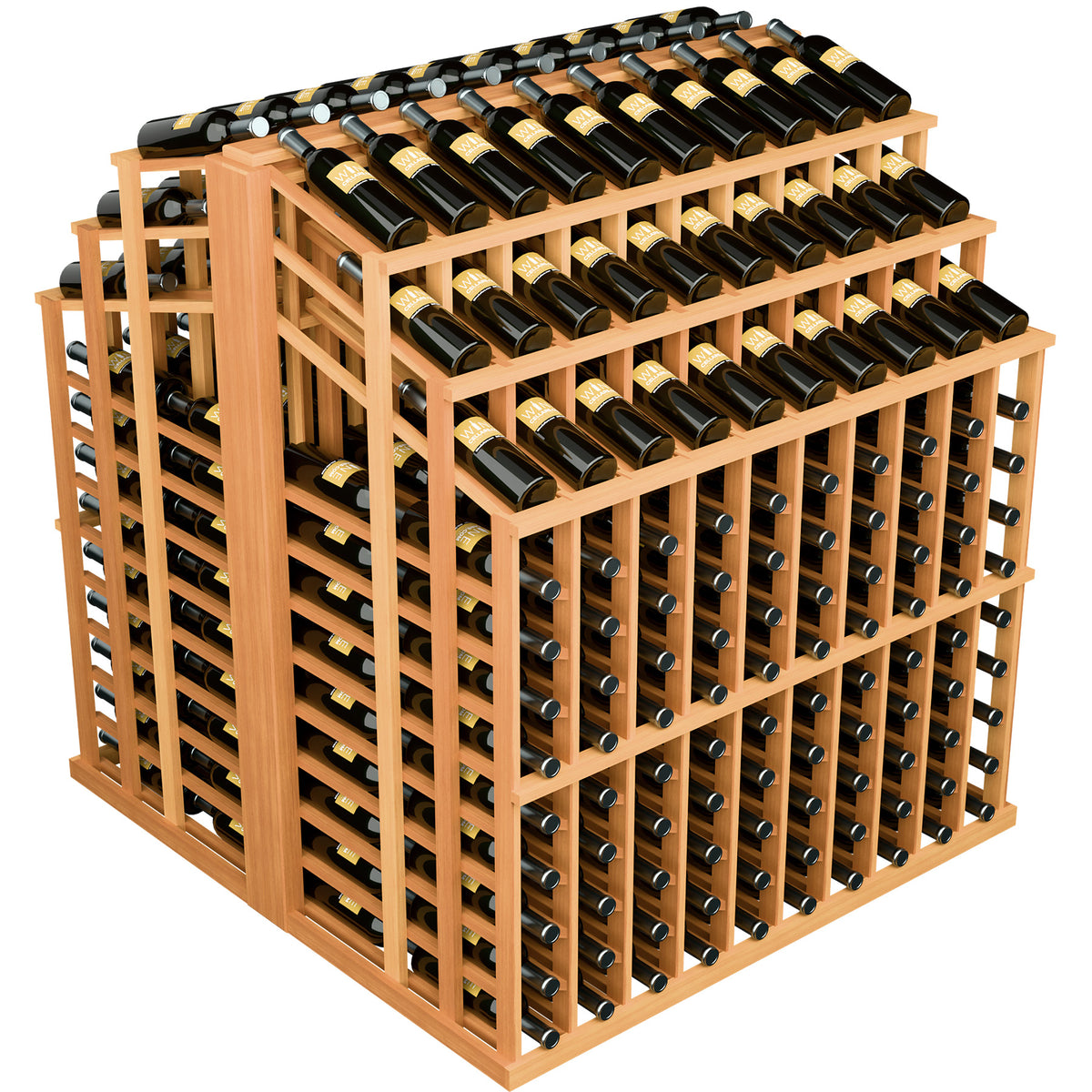 Honey-toned wood wine bottle display rack with black bottles in organized tiers