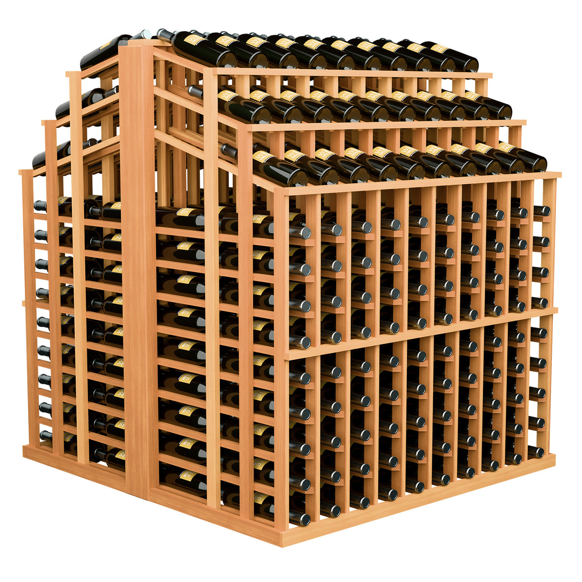 Medium-toned wood wine bottle display rack with cubby grid and dark bottles in tiers