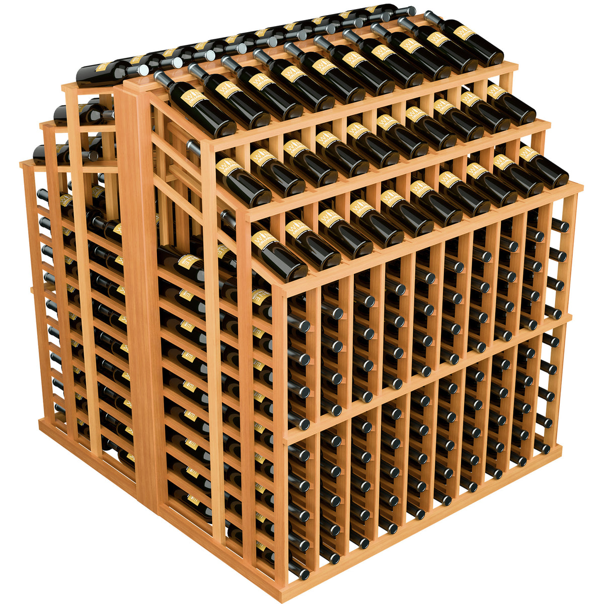 Medium wood wine bottle display rack with black wine bottles in front-facing slots