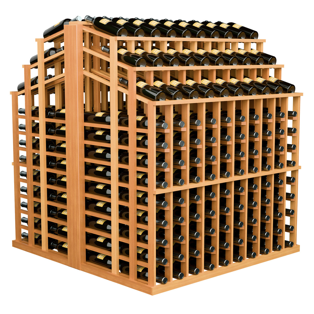 Light brown wood wine bottle display rack with black bottles in triple row holders
