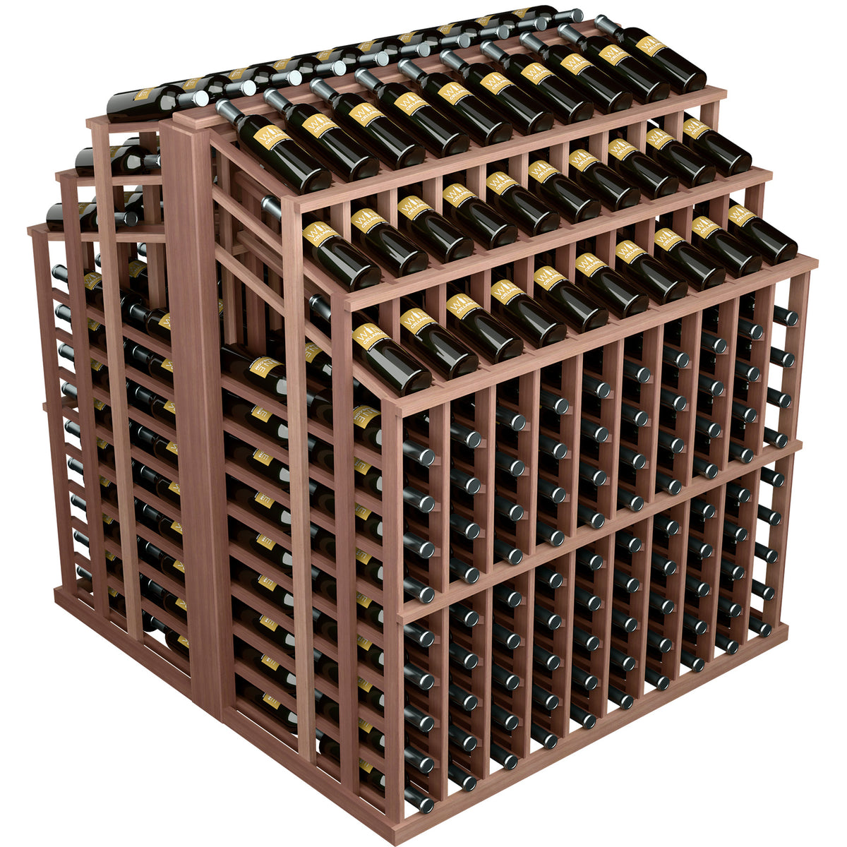 Dark wood wine bottle display rack with black bottles in neat grid compartments