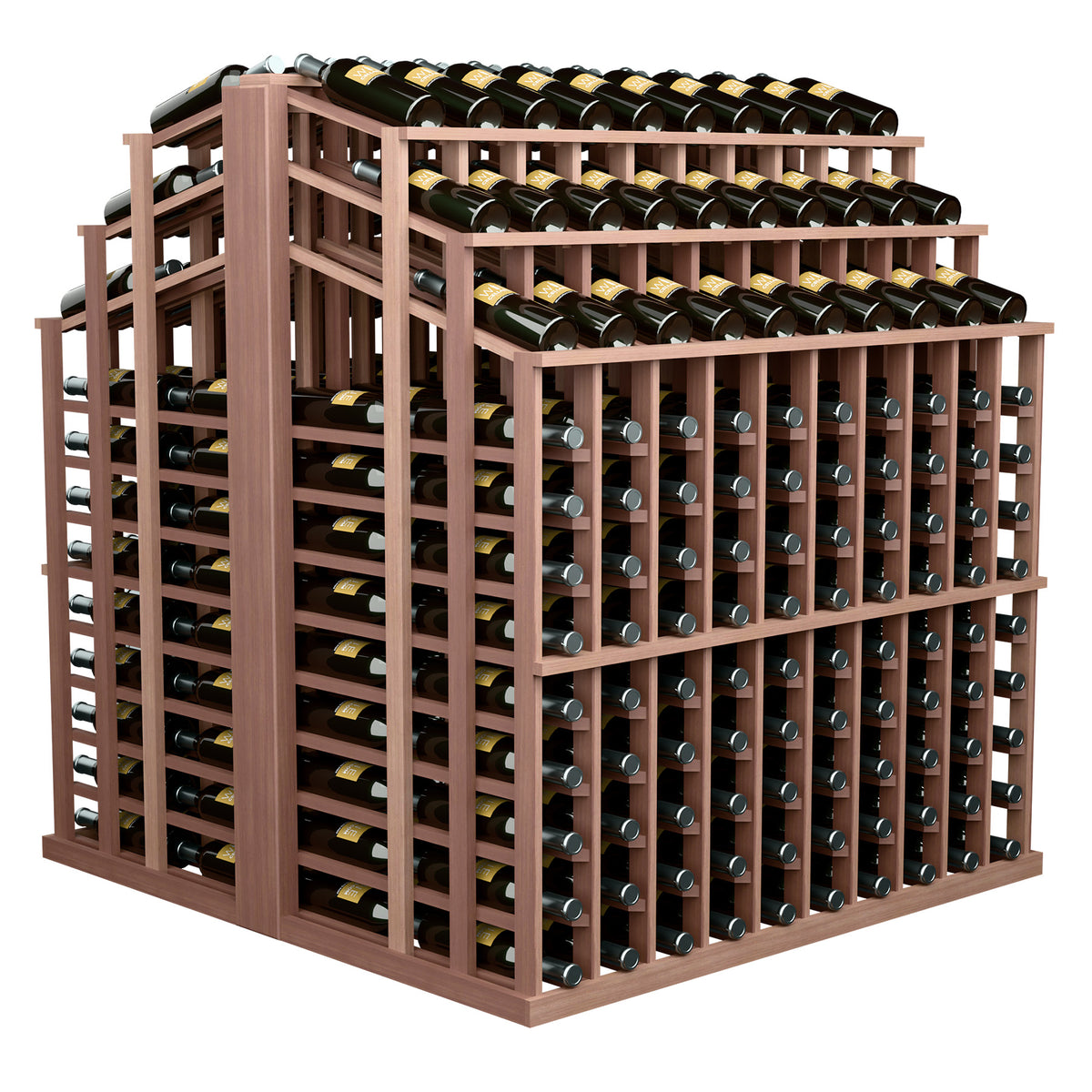 Wine bottle aisle display rack with brown wood frame and rows of green bottles