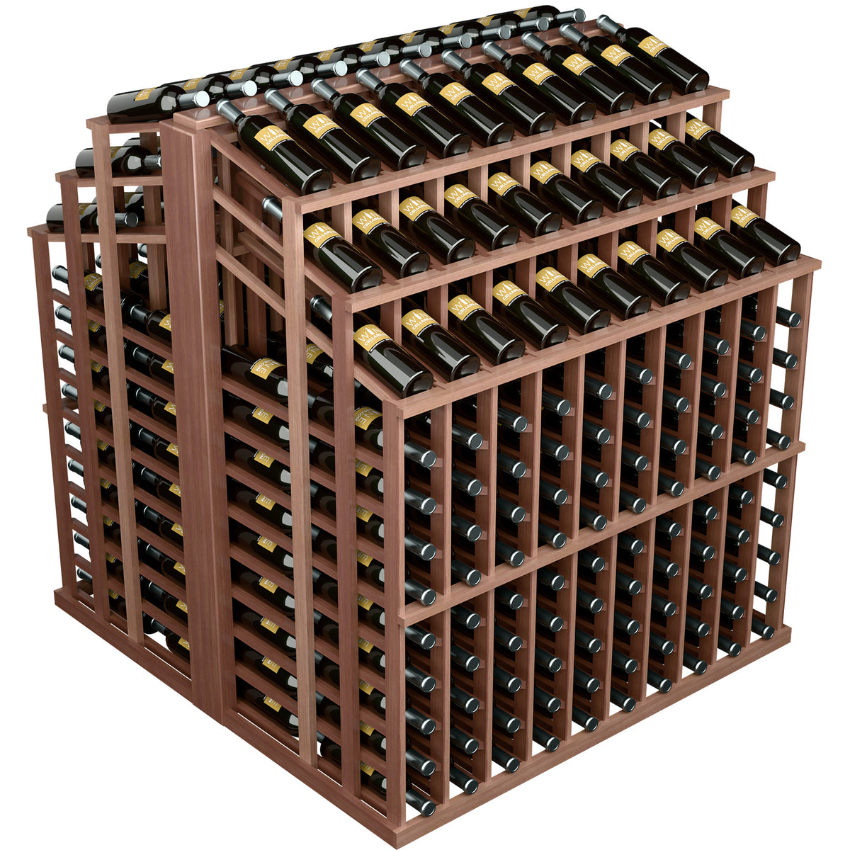 Dark wood wine bottle display rack with black bottles arranged in grid cubbies
