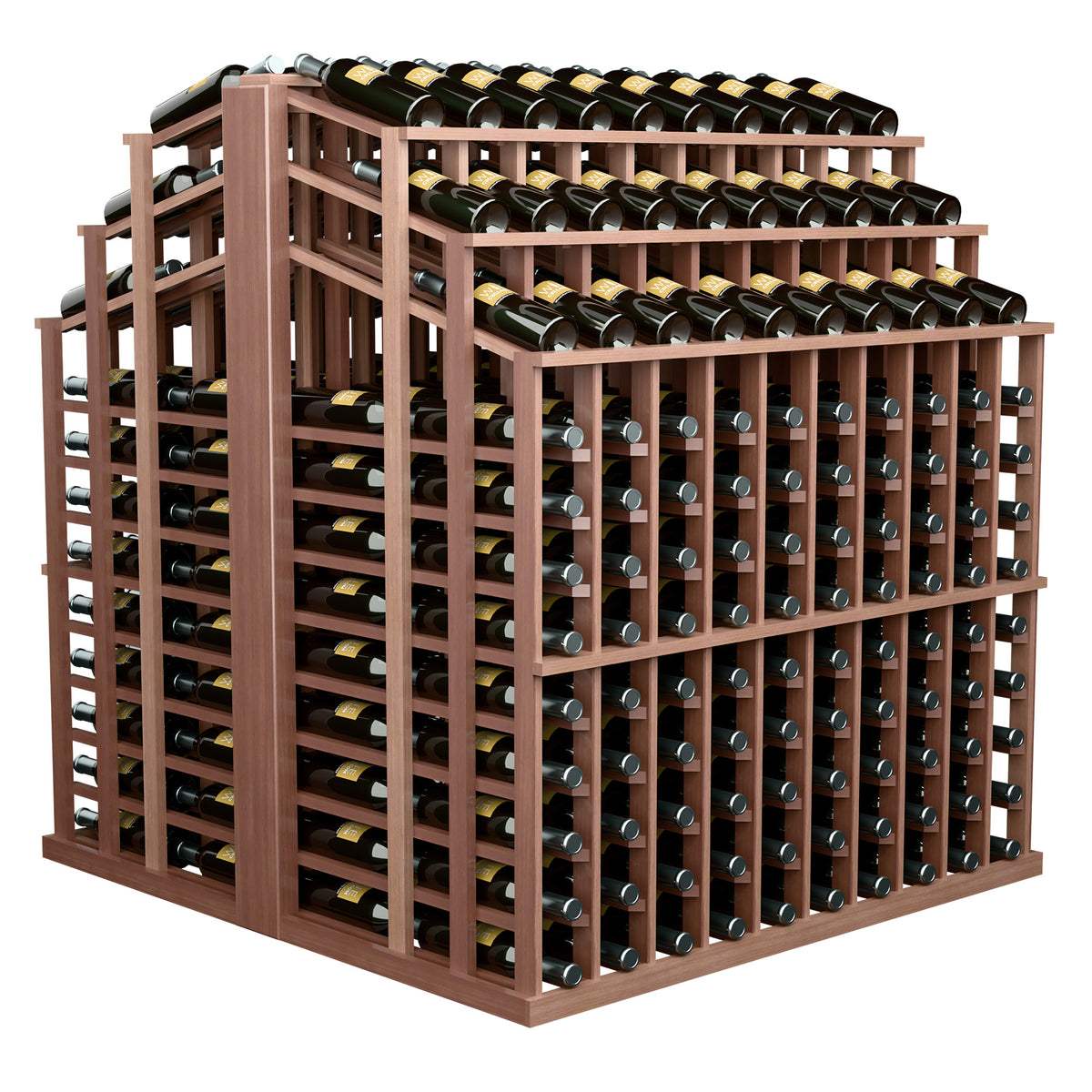Dark reddish wood wine bottle display rack with black bottles in stacked sections