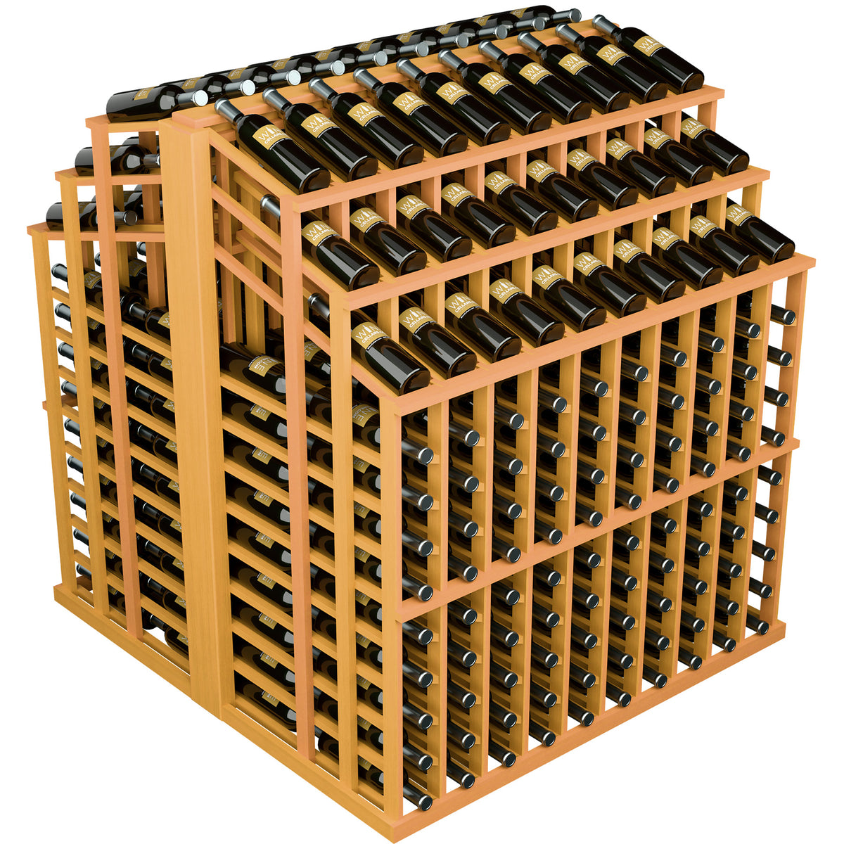 Warm natural wood wine bottle display rack with black bottles in square openings