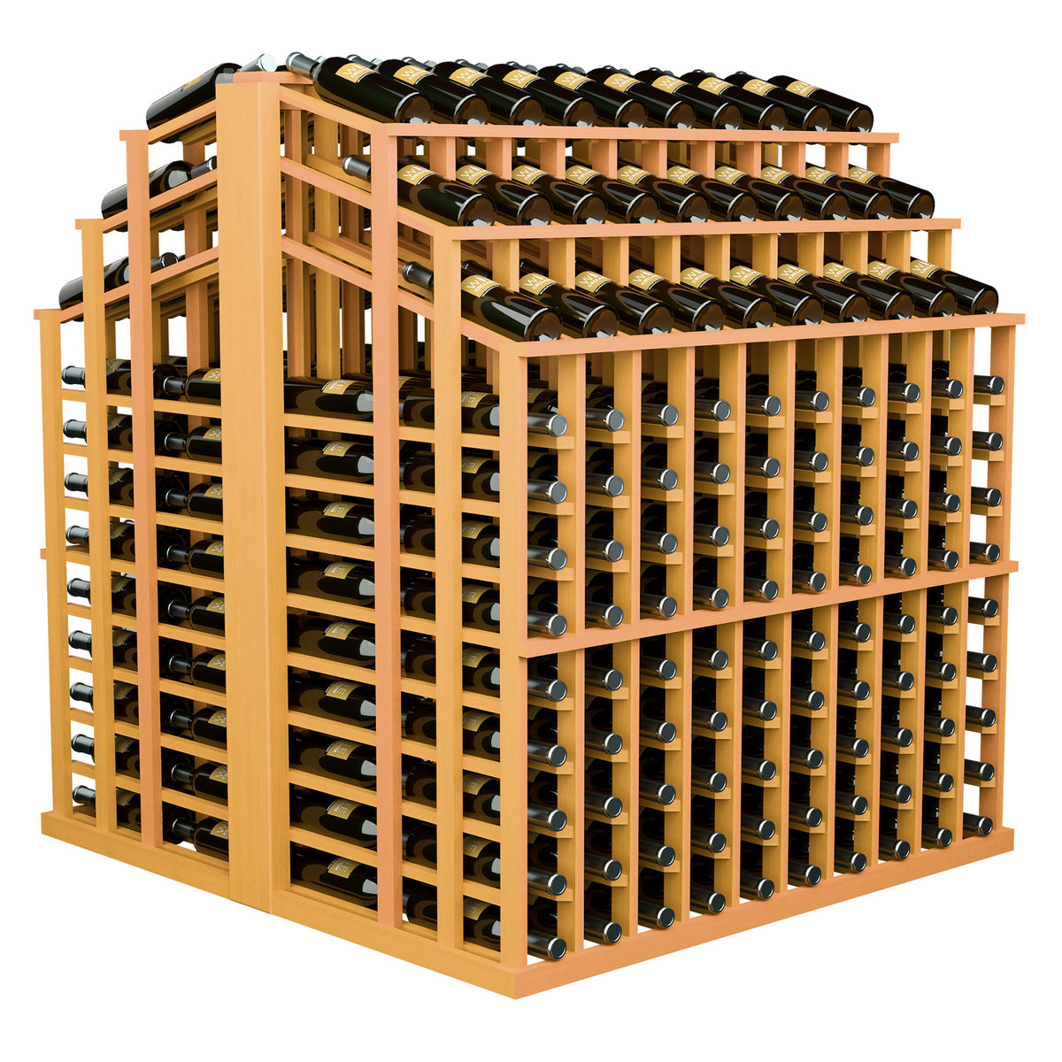 Wine bottle display rack with warm wood frame and dark bottles in multiple tier rows