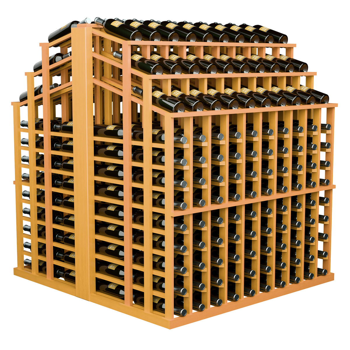 Light golden wood wine bottle display rack with black bottles in grid holders