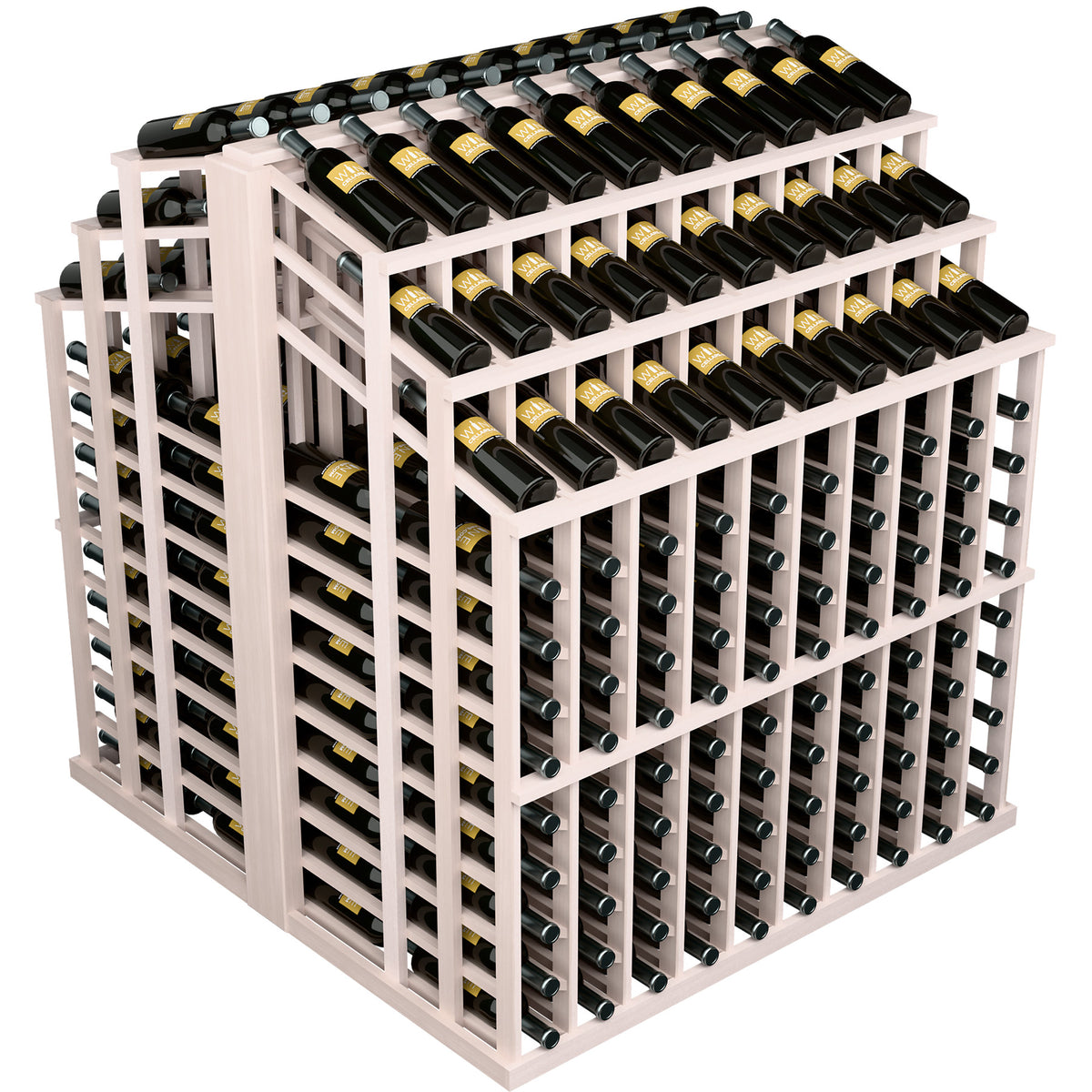 Wine bottle display rack with white frame and dark bottle rows on top tiers