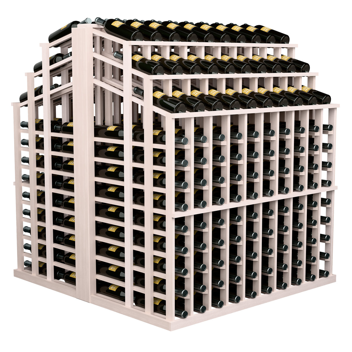 Wine bottle display rack with white frame and rows of capped bottles