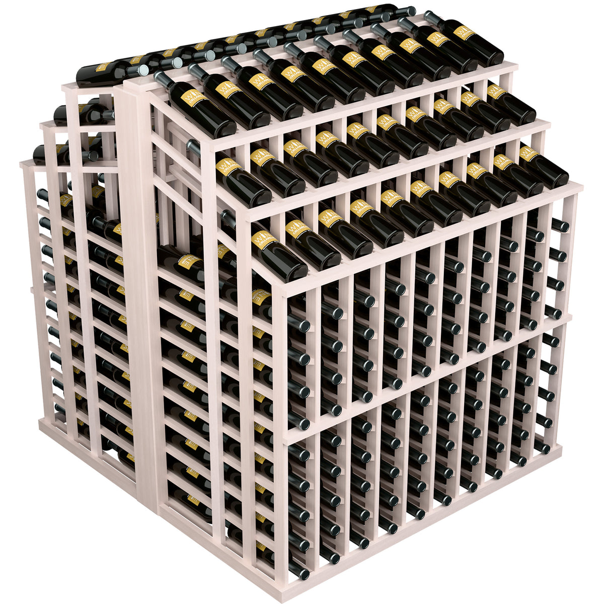 Whitewashed wood wine bottle display rack with black bottles in compartment rows