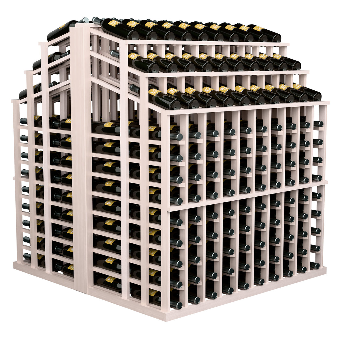 Light gray wood wine bottle display rack with black bottles in triple tier slots