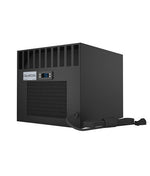 Through-wall cooling unit with front grille and control display, dark housing and power cord