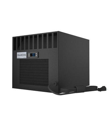 Through-wall cooling unit with front grille and control display, dark housing and power cord