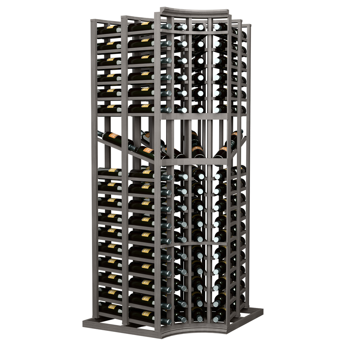 Double deep wine display rack with curved corner, dark frame, bottles in cubbies, front view