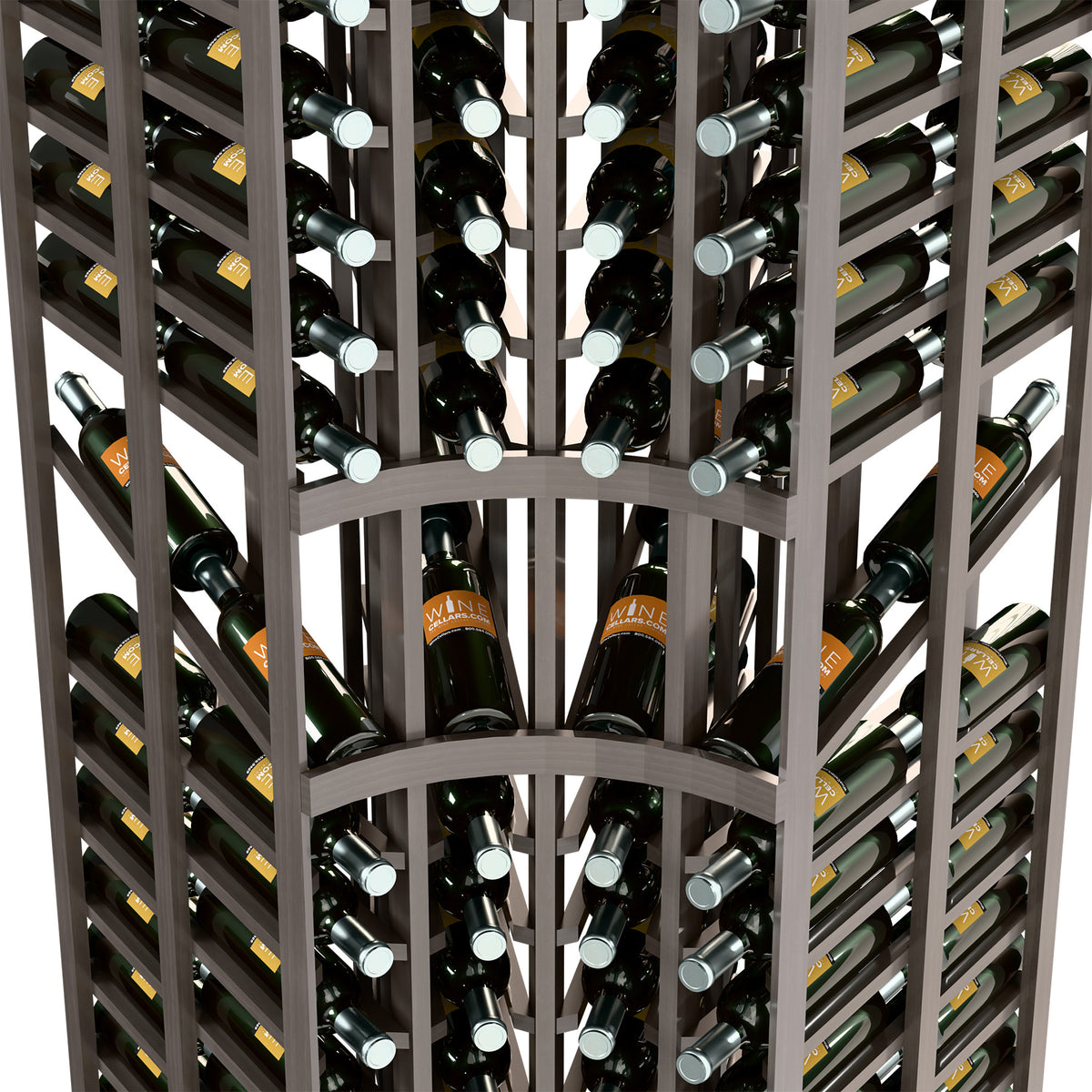 Wine bottle display rack with curved corner, dark frame, bottles in cubbies, front close-up