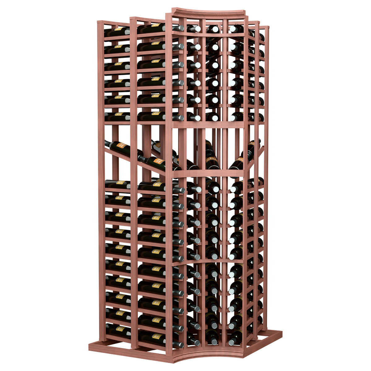 Double deep wine display rack with curved corner, reddish frame, bottles in cubbies, front view