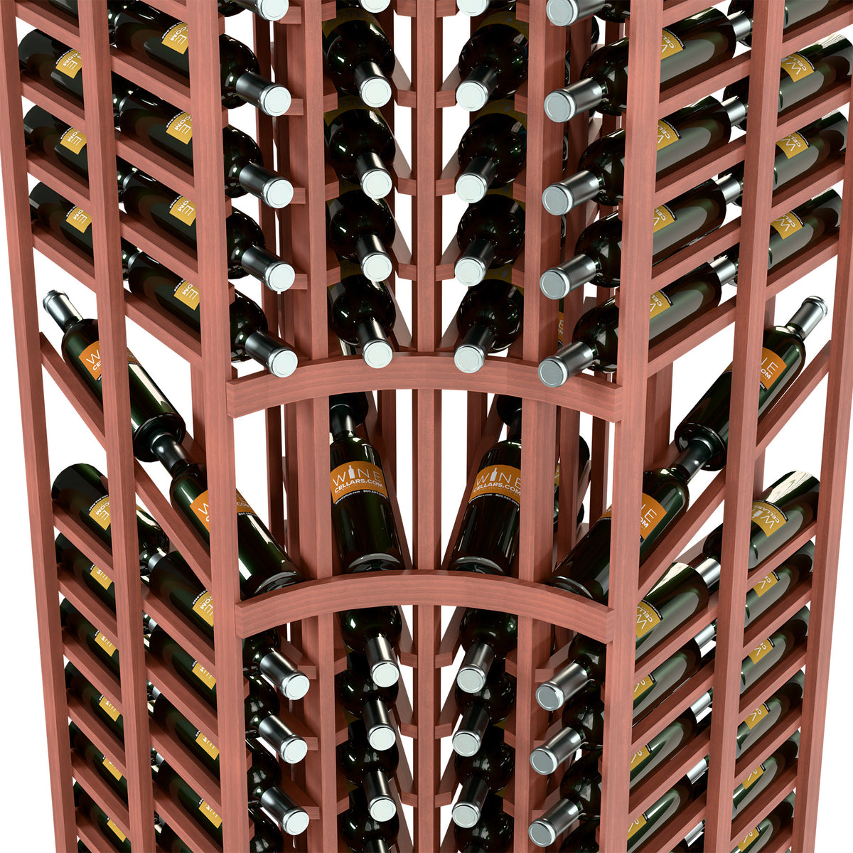 Wine bottle display rack with curved corner, reddish frame, bottles in cubbies, close-up