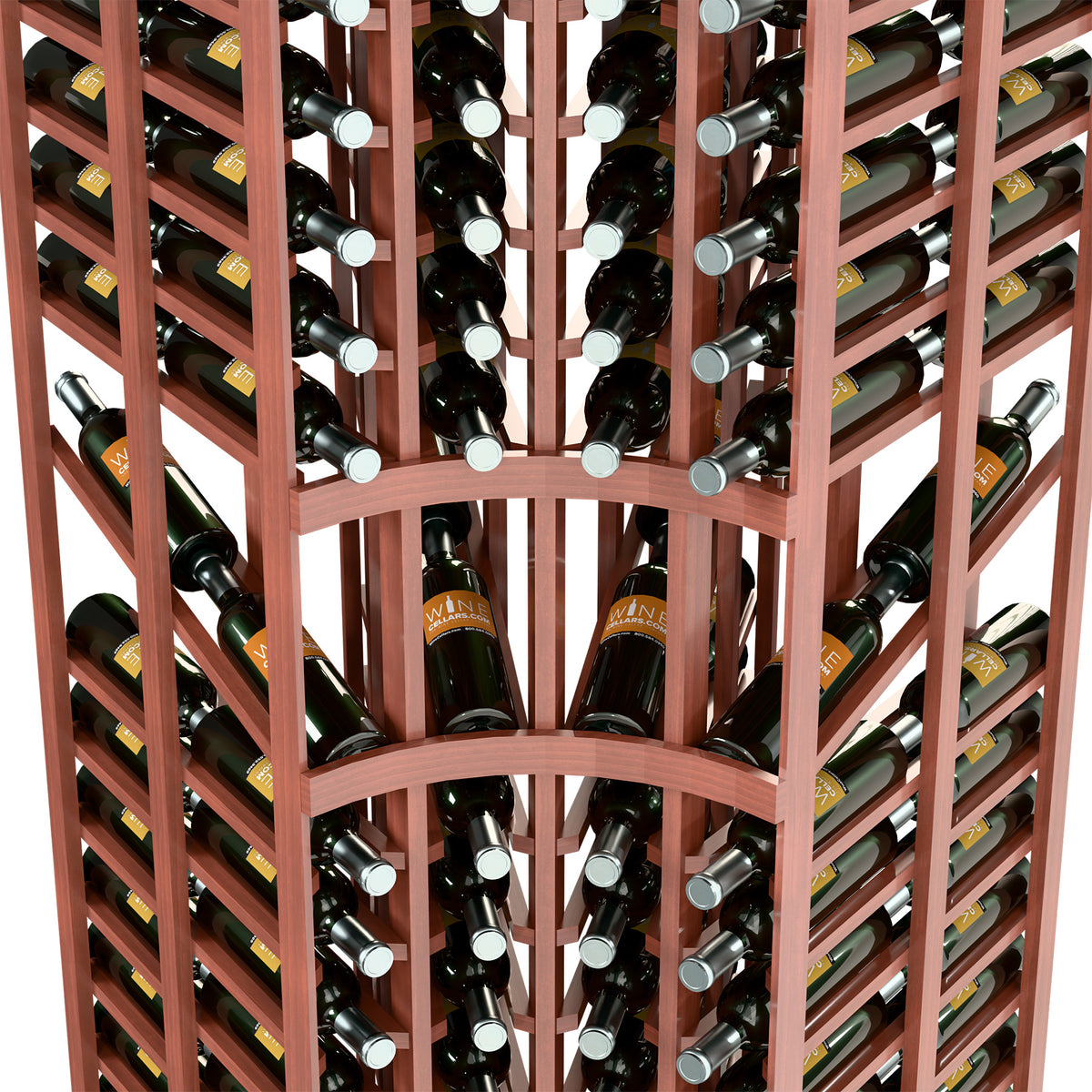Wine bottle display rack with curved corner, reddish frame, bottles in cubbies, front close-up