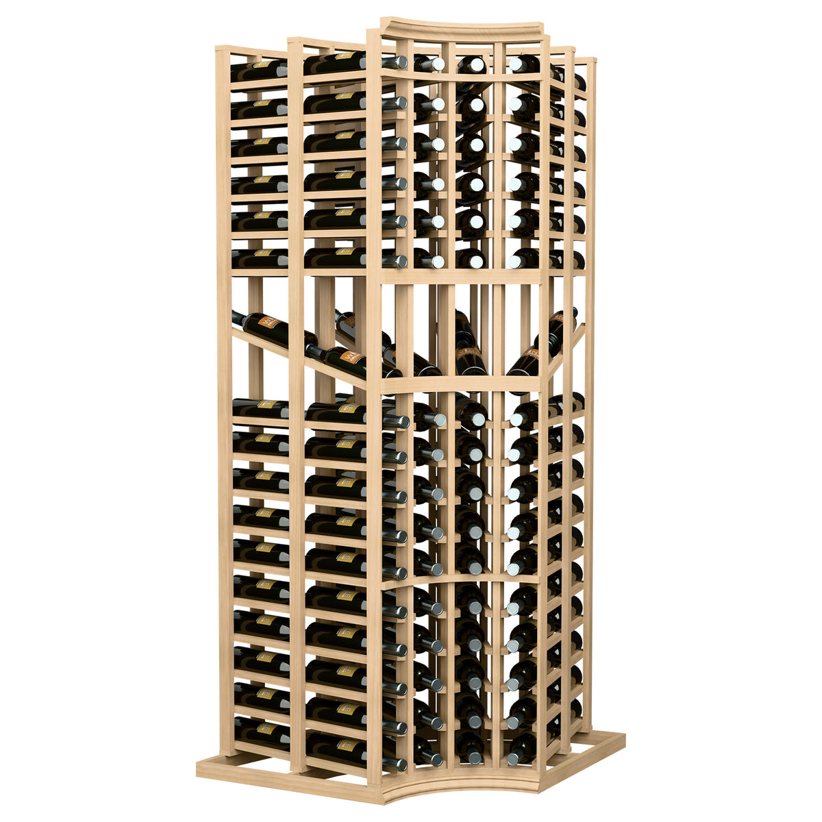 Double deep wine display rack with curved corner, light frame, bottles in cubbies, front view