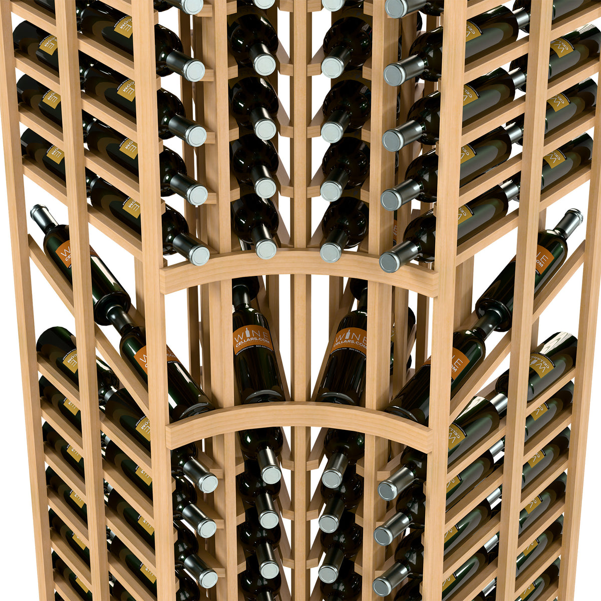 Wine bottle display rack with curved corner, light frame, bottles in cubbies, close-up