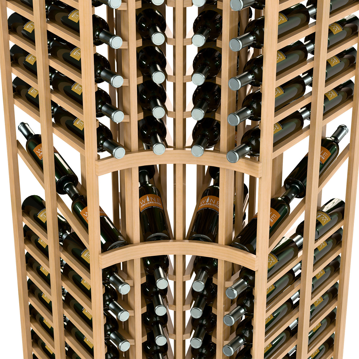 Wine rack close-up showing light wood grid and double-deep bottle cradles with caps