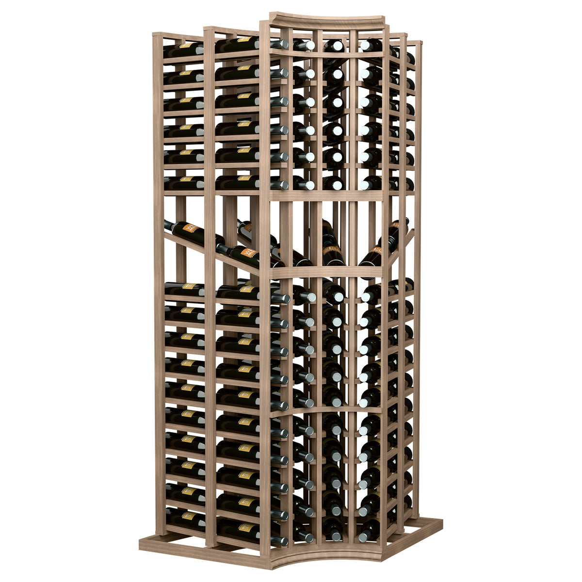 Curved-corner wine display rack with light wood frame and front bottle storage rows