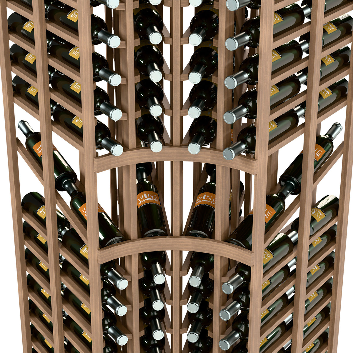 Wine rack close-up with light wood shelving and double-deep wine bottle holders