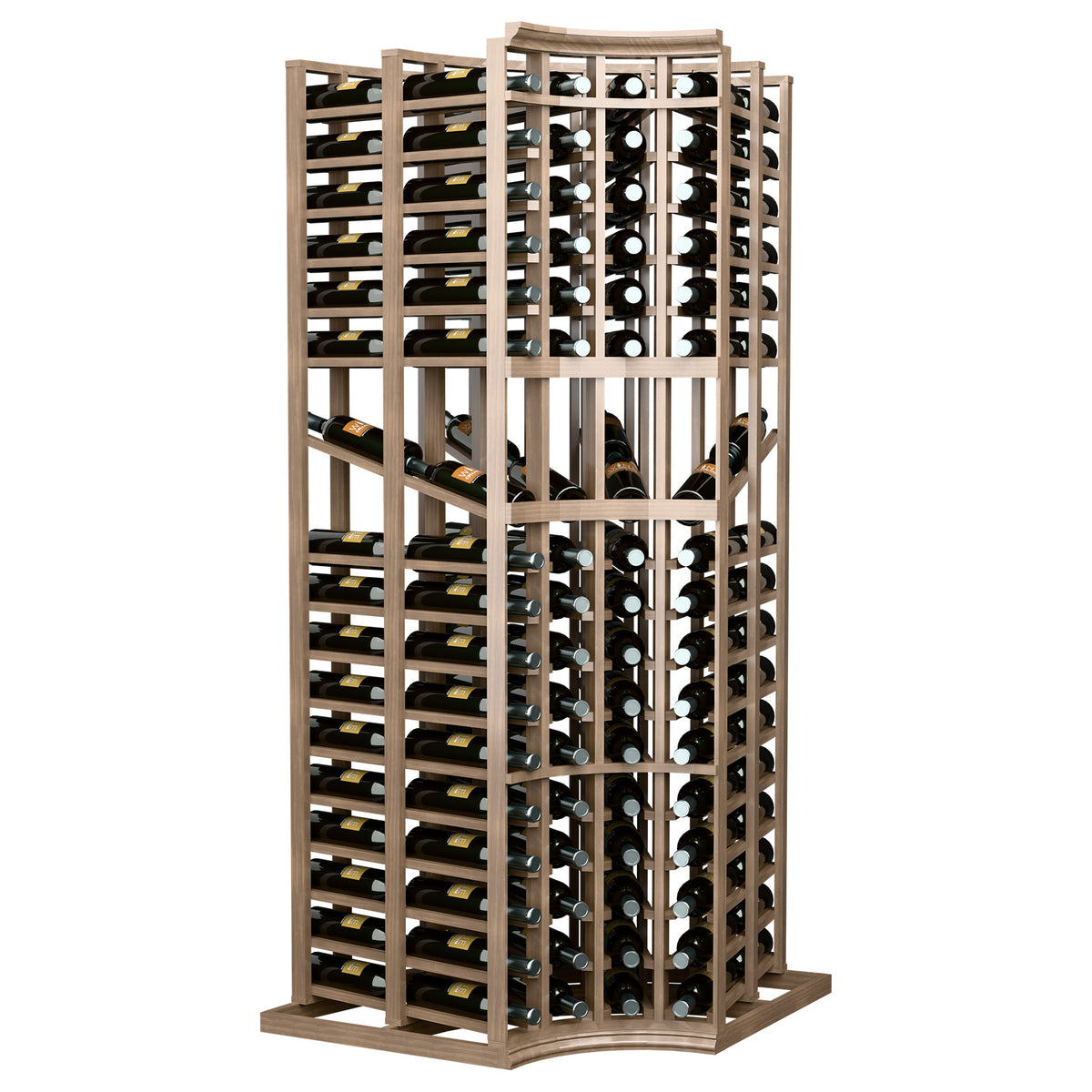 Double-deep curved-corner wine display rack, light wood frame with front loading bays