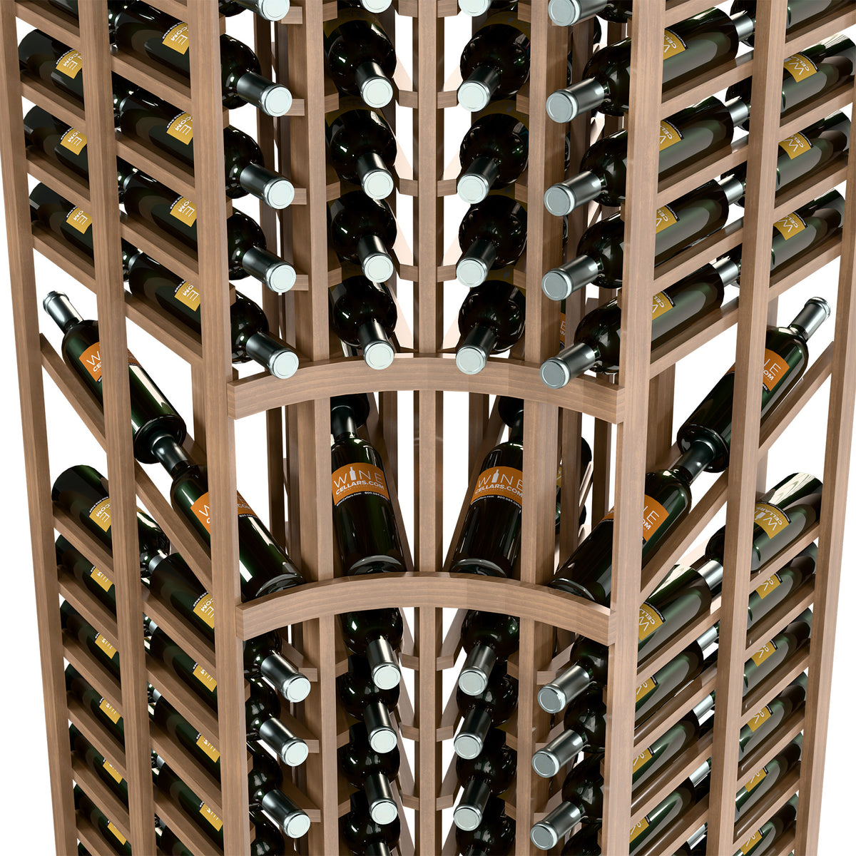 Wine rack close-up showing light wood bottle cradles with silver bottle caps