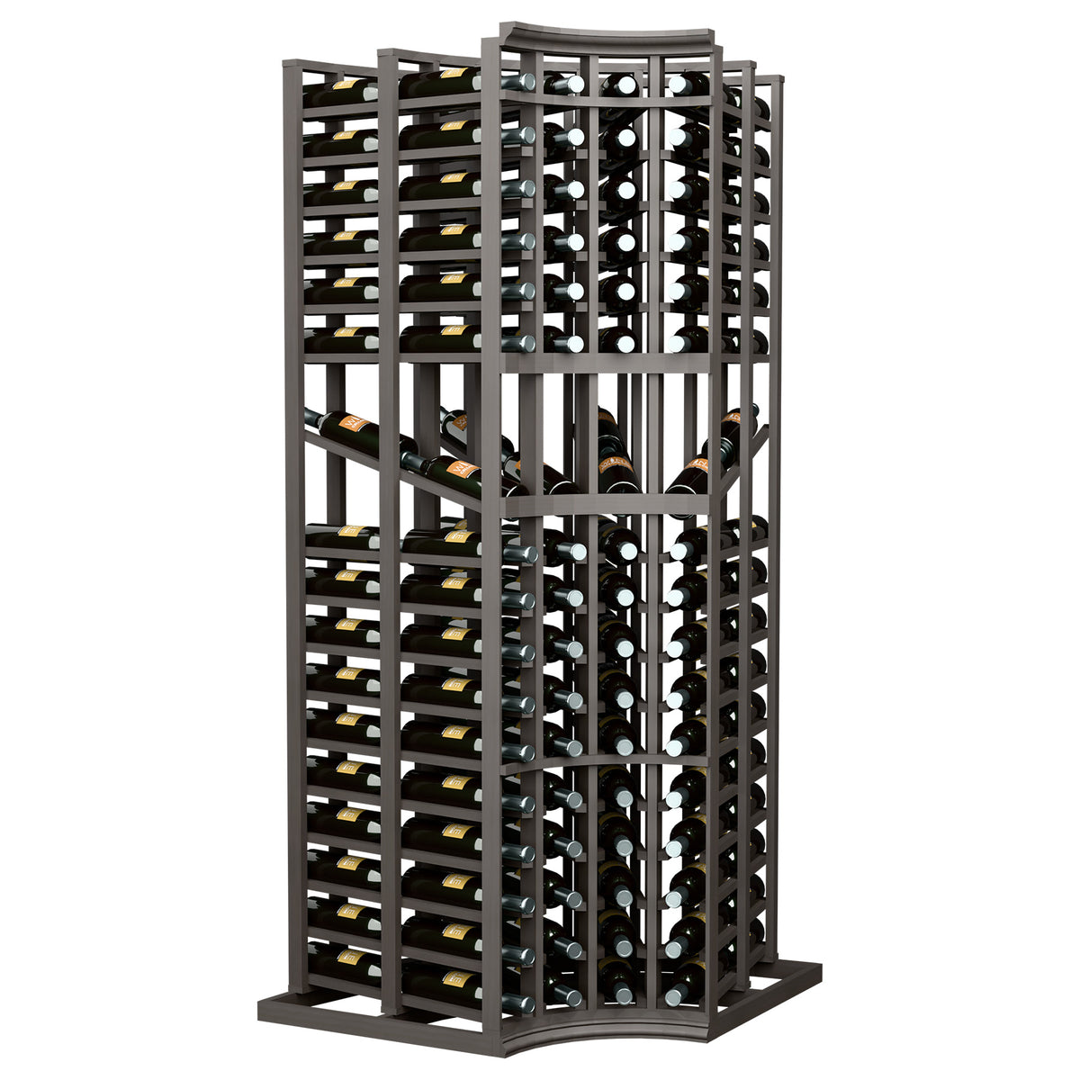 Curved-corner wine display rack with dark wood frame and double-deep bottle slots