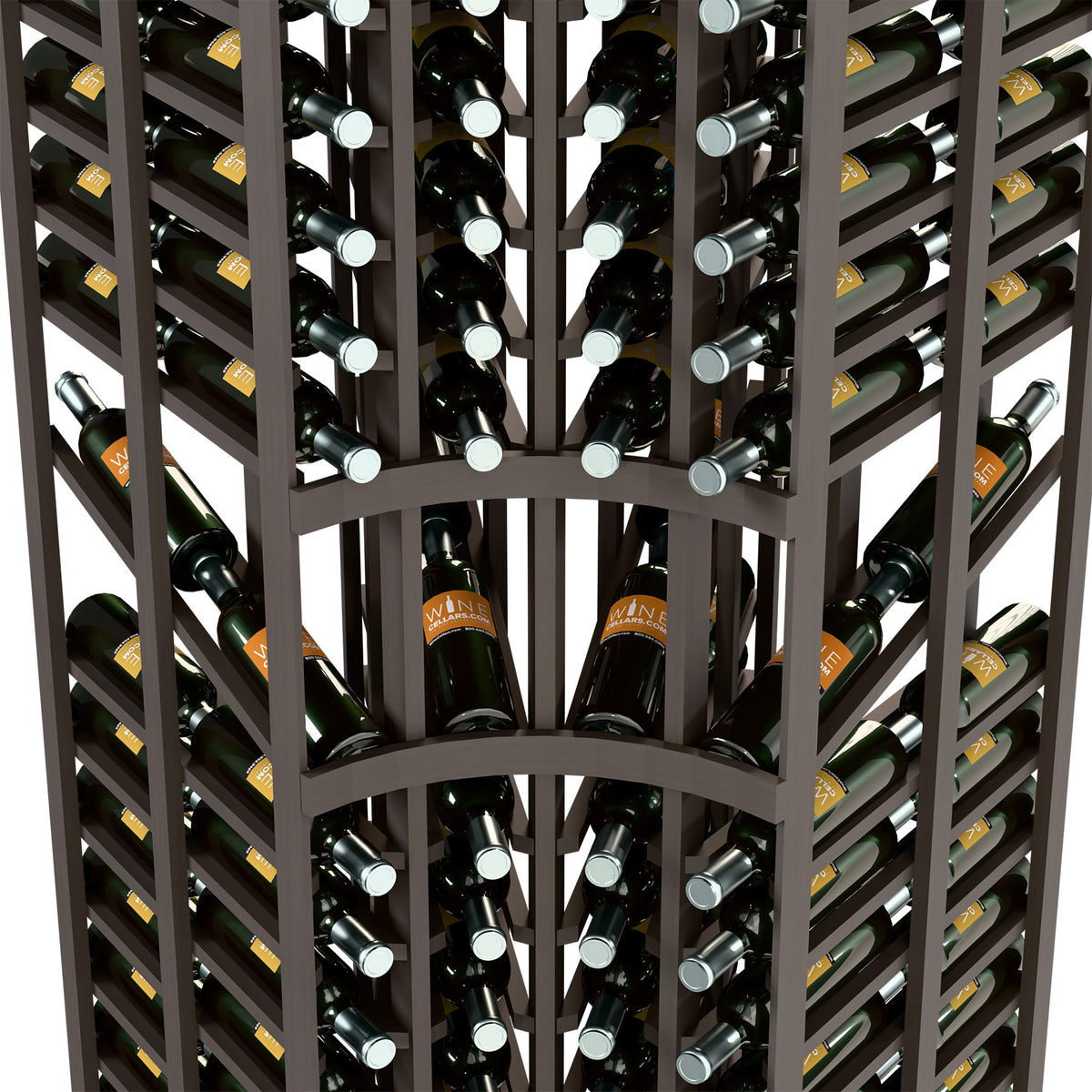 Wine rack close-up with dark wood grid and double-deep bottle holders with caps